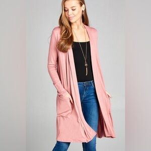 Long Pink Cardigan Sweater w/ Pockets